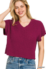 Zenana Textured Knit V-Neck Cropped Sweater
