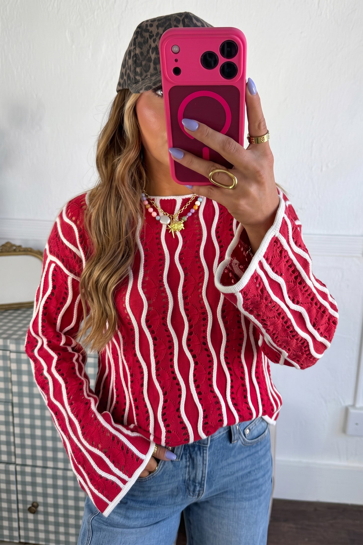 Pink Wavy Detail Hollow Out Knit Long Sleeve Cotton Pullover Sweater