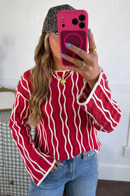 Pink Wavy Detail Hollow Out Knit Long Sleeve Cotton Pullover Sweater