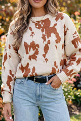 Abstract Print Drop Shoulder Long Sleeve Round Neck Sweater