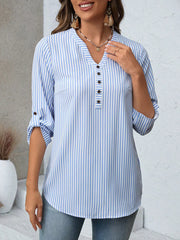 Striped V-Neck Roll-Up Sleeve Blouse