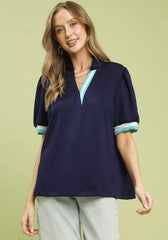 Luxe knit Contrast Trim Puff Sleeve Top