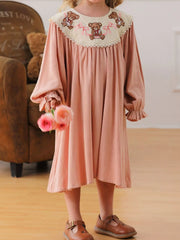 Children's Teddy Bear Embroidered Collar Long Sleeve Dress