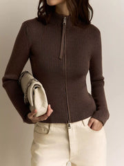 Zippered Ribbed Knit Cardigan