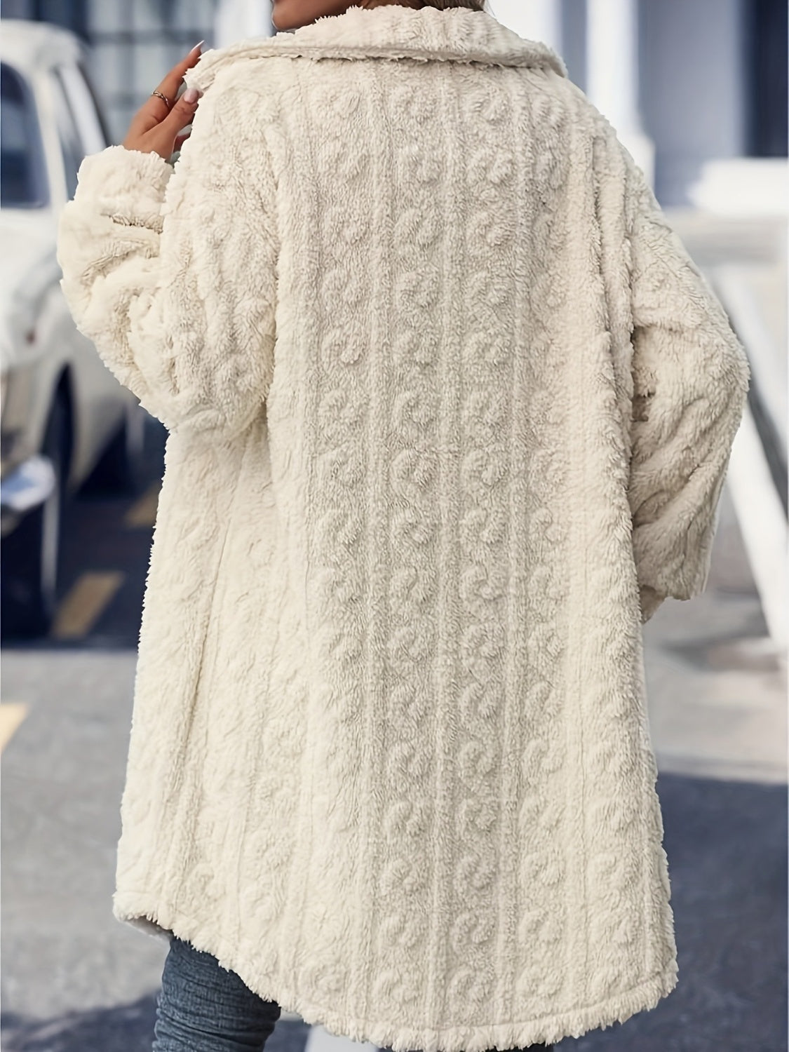 Women's Fuzzy Button Up Long Sleeve Longline Coat