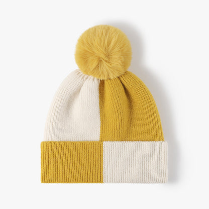 Color Block Knit Hat with Pom-Pom