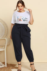 Plus Size Graphic Tee and Belted Paperbag Joggers Set
