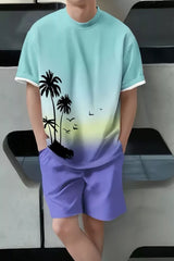 Men's Tropical Print Casual Tee and Shorts Set