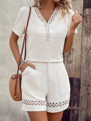 Lace Trim V-Neck Top and Shorts Two-Piece Set