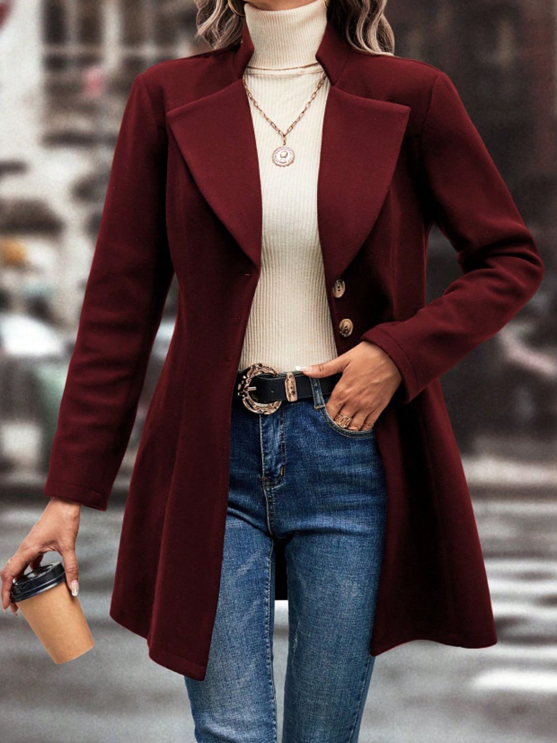 Women's Collared Neck Button Up Long Sleeve Coat