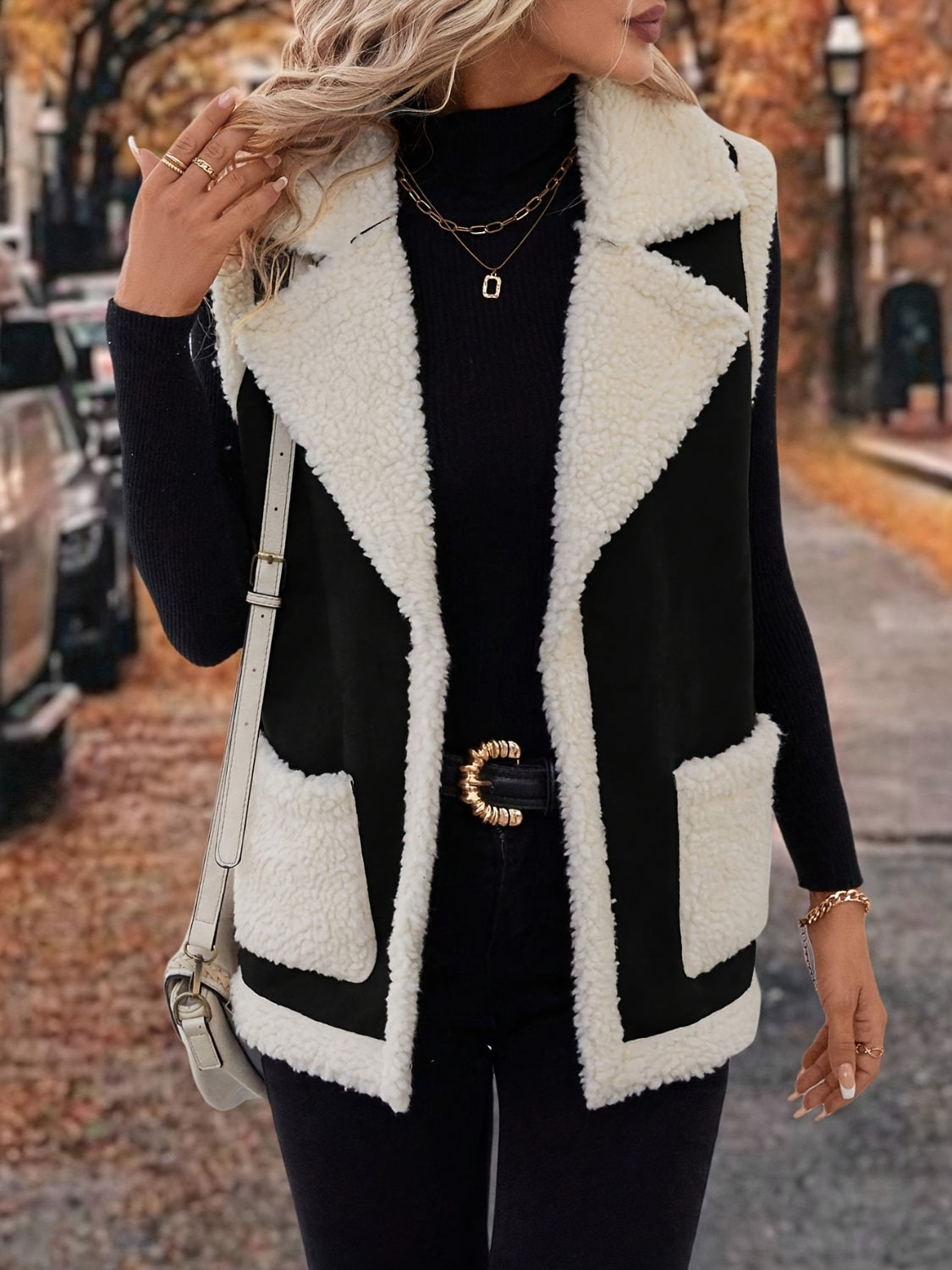 Contrast Open Front Sherpa Vest Coat