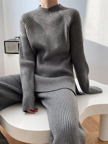 Mock Neck Raglan Sleeve Top and Pants Sweater Set