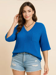 Plus Size V-Neck Ribbed Knit Shirt