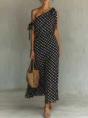 Polka Dot One-Shoulder Maxi Dress with Tie Details