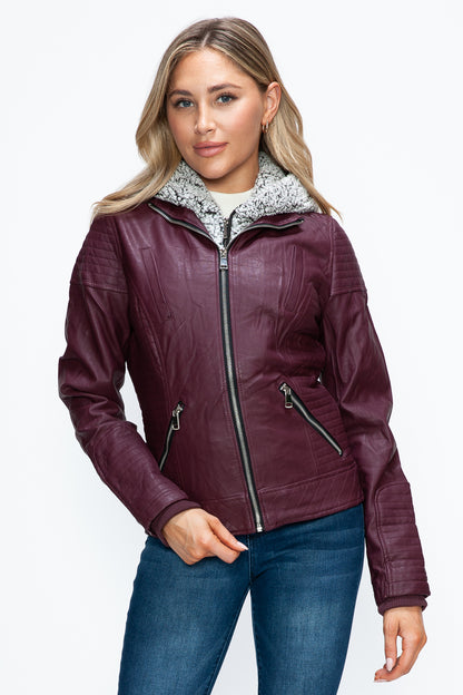 Women's Faux Layered Double-Zipper Jacket with Fuzzy Hood