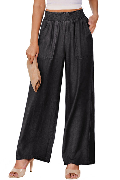 Frilled Smocked High Waist Wide Leg Jeans