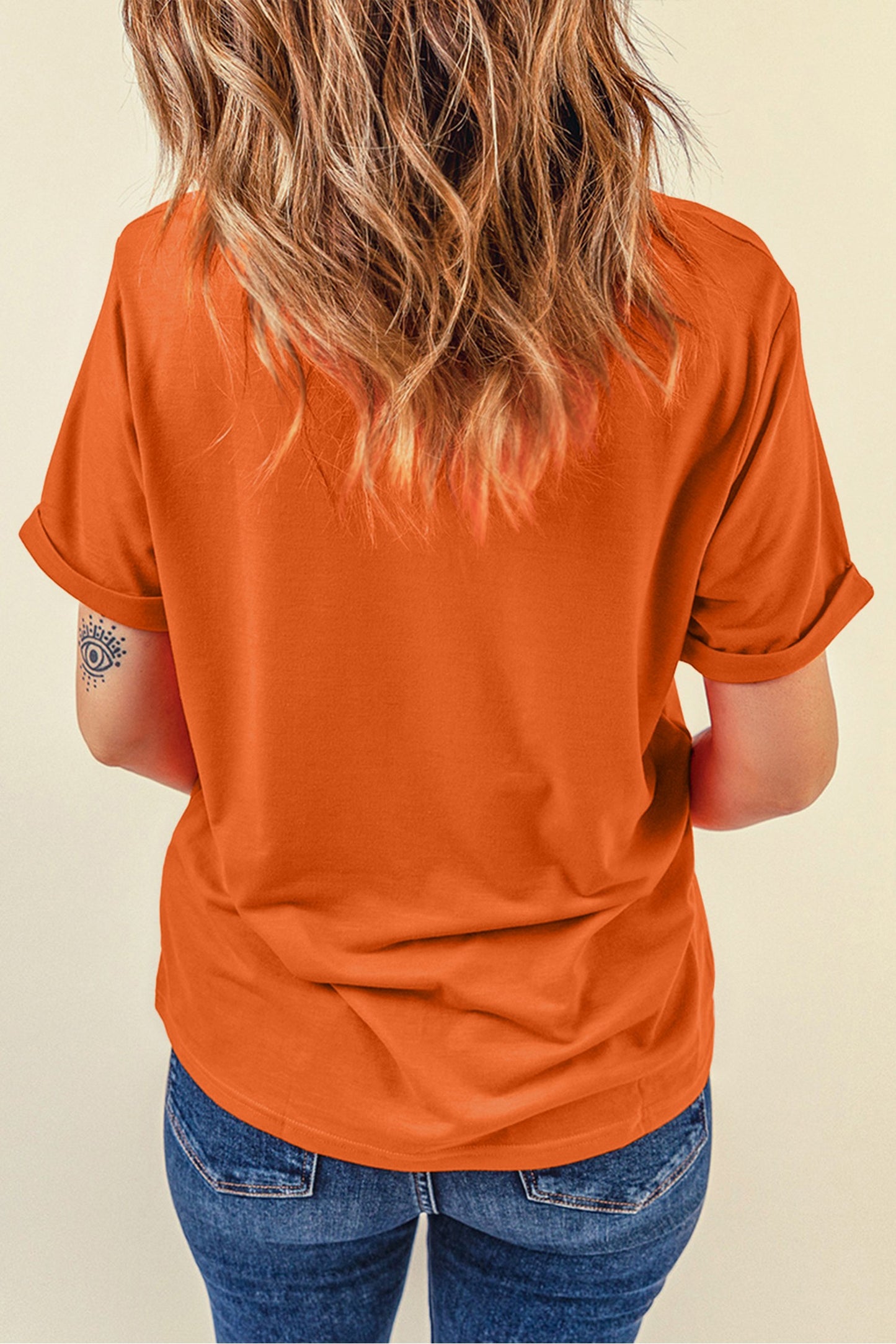 Pumpkin Graphic Cuffed Sleeve Casual T Shirt