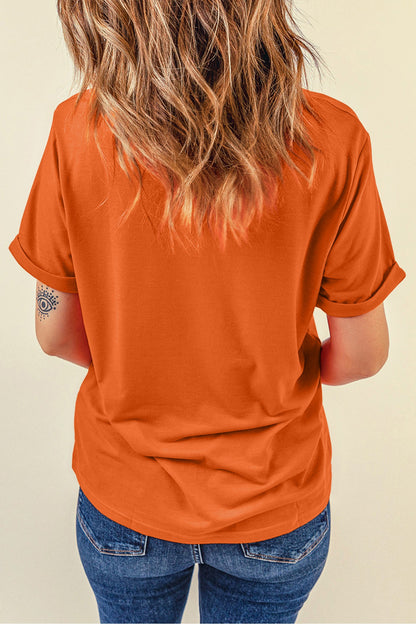 Pumpkin Graphic Cuffed Sleeve Casual T Shirt
