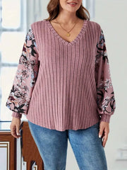 Plus Size Printed V-Neck Long Sleeve Shirt