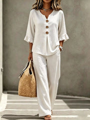 Full Size Decor Button Ruffled Top and Wide-Leg Pants Set Plus Size