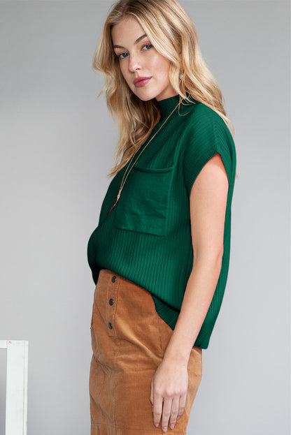 Patch Pocket Ribbed Knit Short Sleeve Sweater