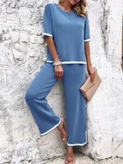 Viscose Contrast Trim Round Neck Top and Pants Set