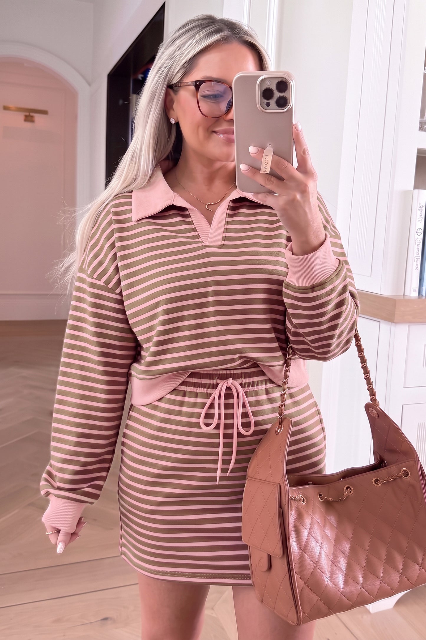 Drawstring Waist Long Sleeve Top Mini Skort Set