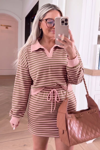 Drawstring Waist Long Sleeve Top Mini Skort Set