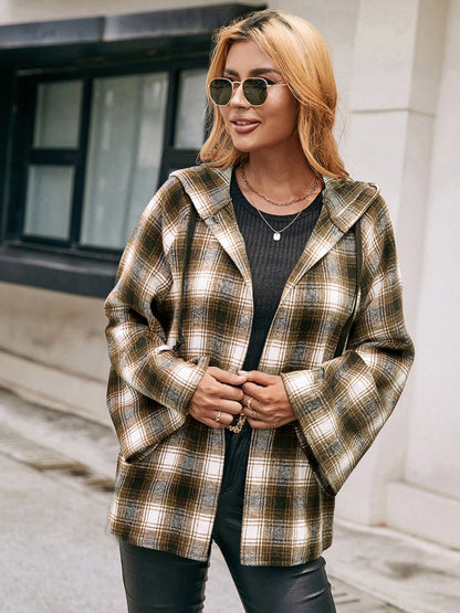 Women's Ivy Lane Pocketed Plaid Long Sleeve Hooded Jacket