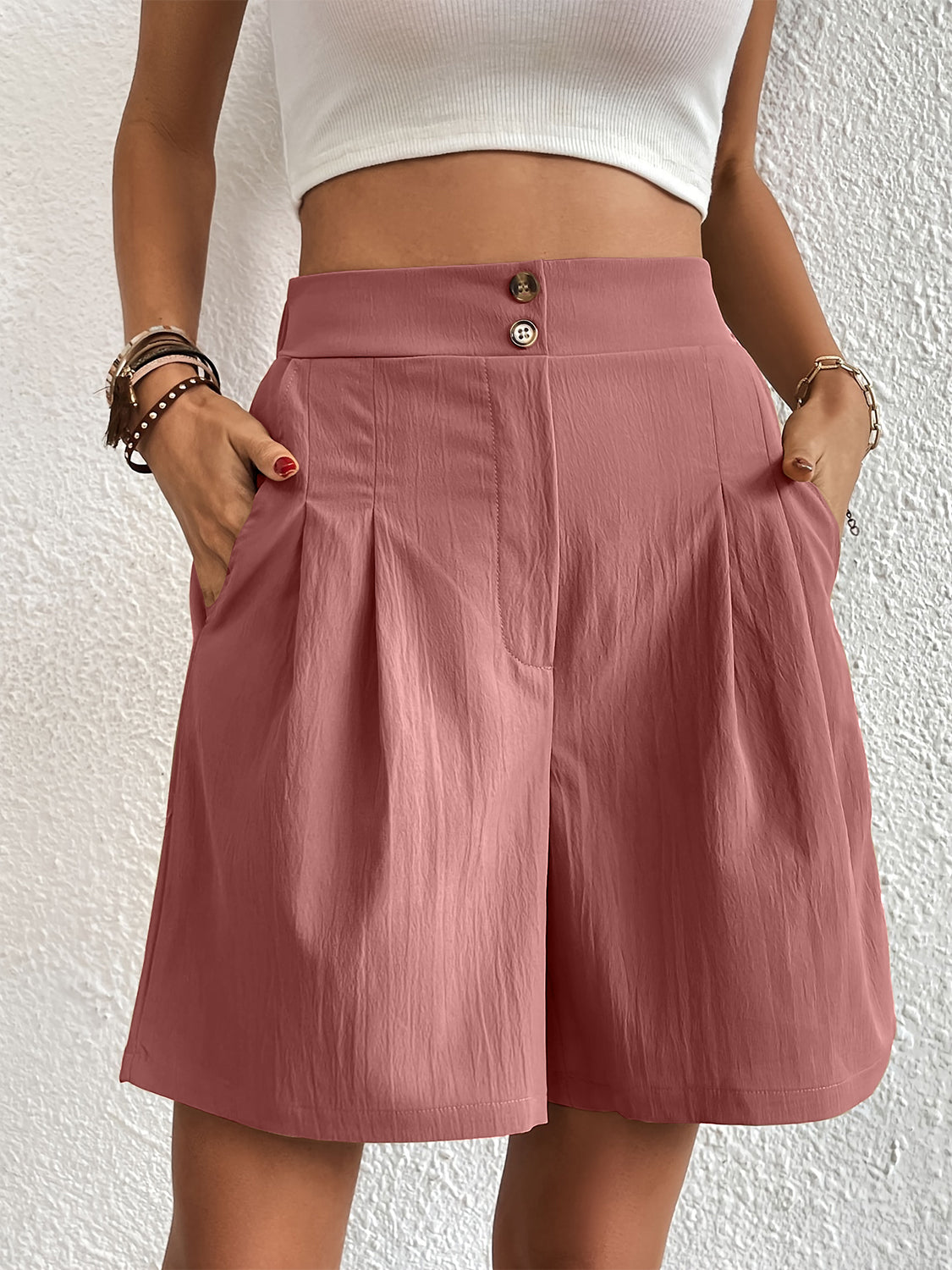 Pocketed Elastic High Waist Shorts