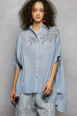 Cotton Embroidered Floral High-Low Hem Shirt