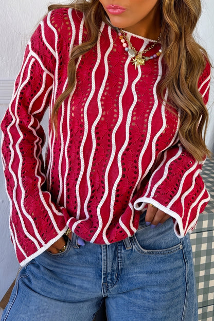 Pink Wavy Detail Hollow Out Knit Long Sleeve Cotton Pullover Sweater