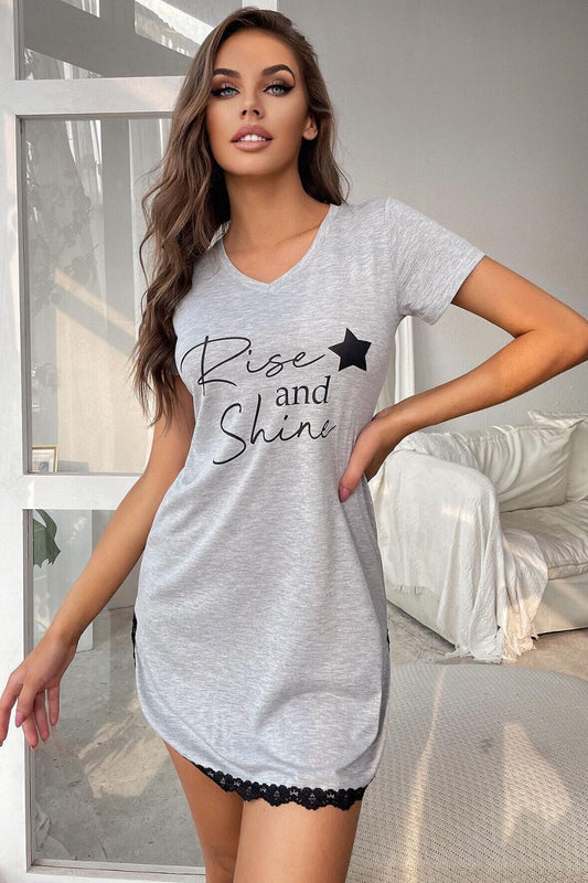 RISE AND SHINE Contrast Lace V-Neck T-Shirt Sleepwear