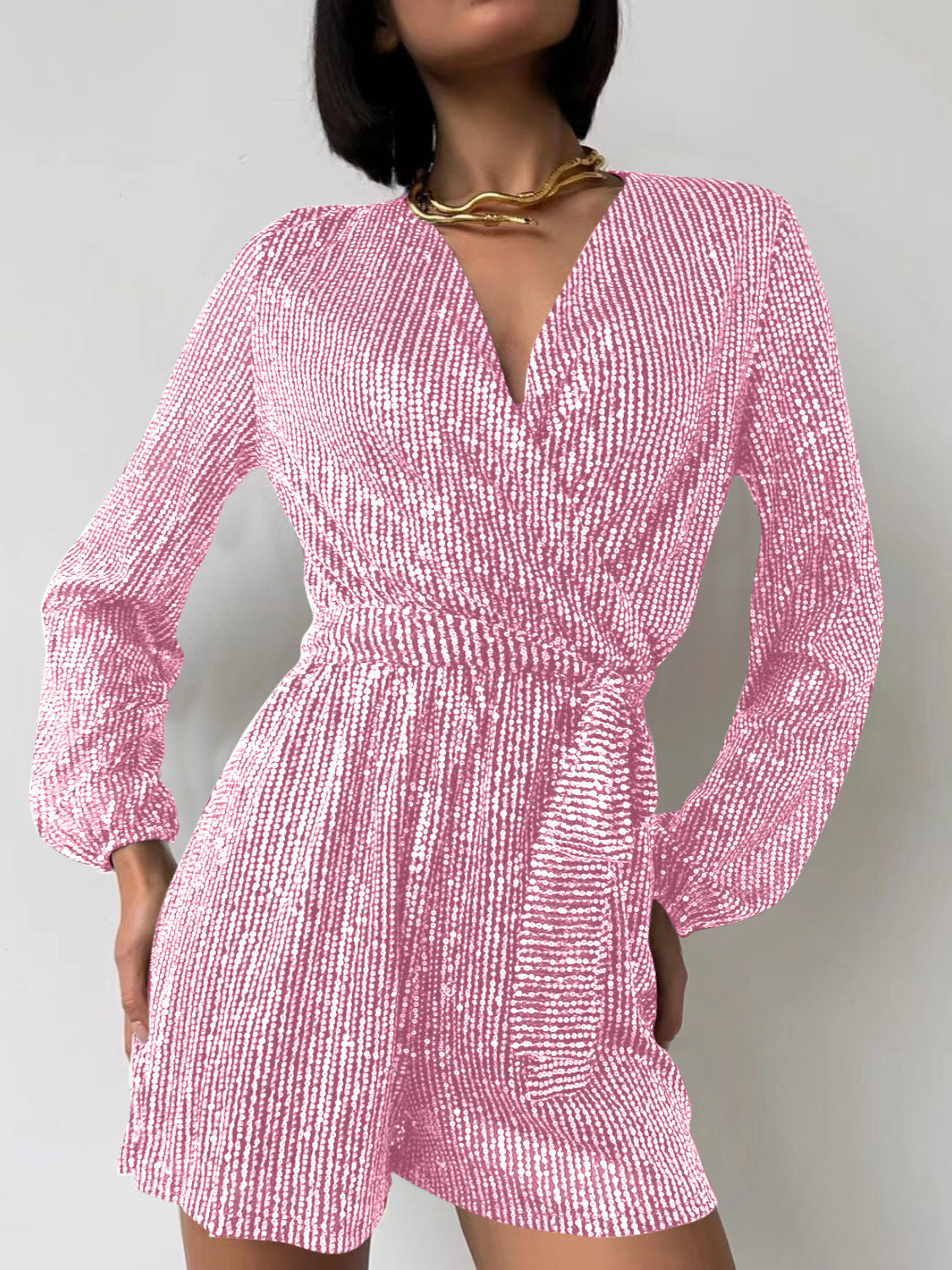 Sequin Surplice Tie Waist Long Sleeve Romper