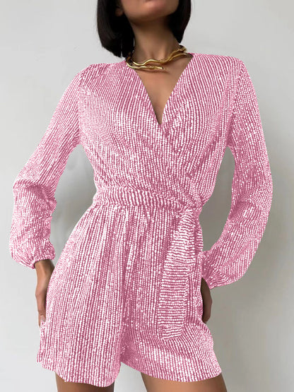 Sequin Surplice Tie Waist Long Sleeve Romper