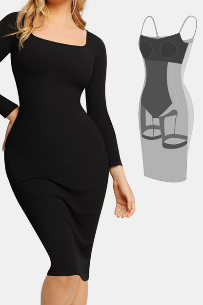 Built-In Shapewear Square Neck Long Sleeve Dress