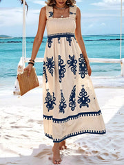 Smocked Printed Square Neck Maxi Dress