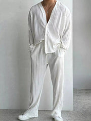 Men's Textured Button Up Shirt and Pants Set