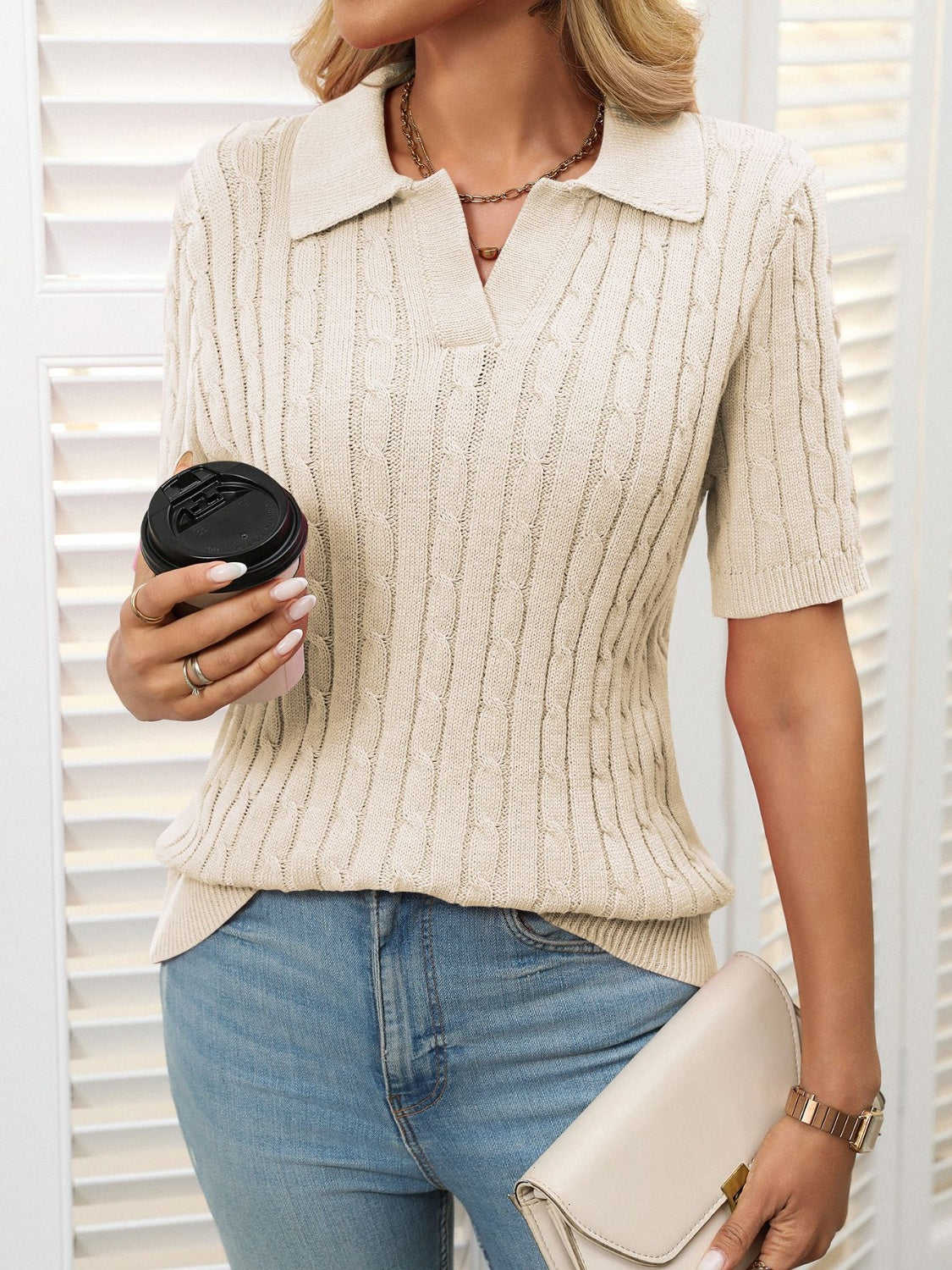 Cable Knit Johnny Collar Half Sleeve Sweater