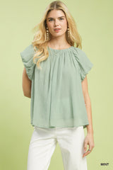 Umgee Crinkle Flutter Sleeve Peasant Top