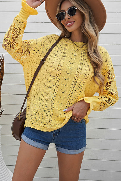 Openwork Round Neck Long Sleeve Sweater