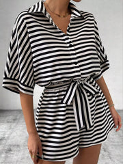 Striped Button-Up Belted Romper
