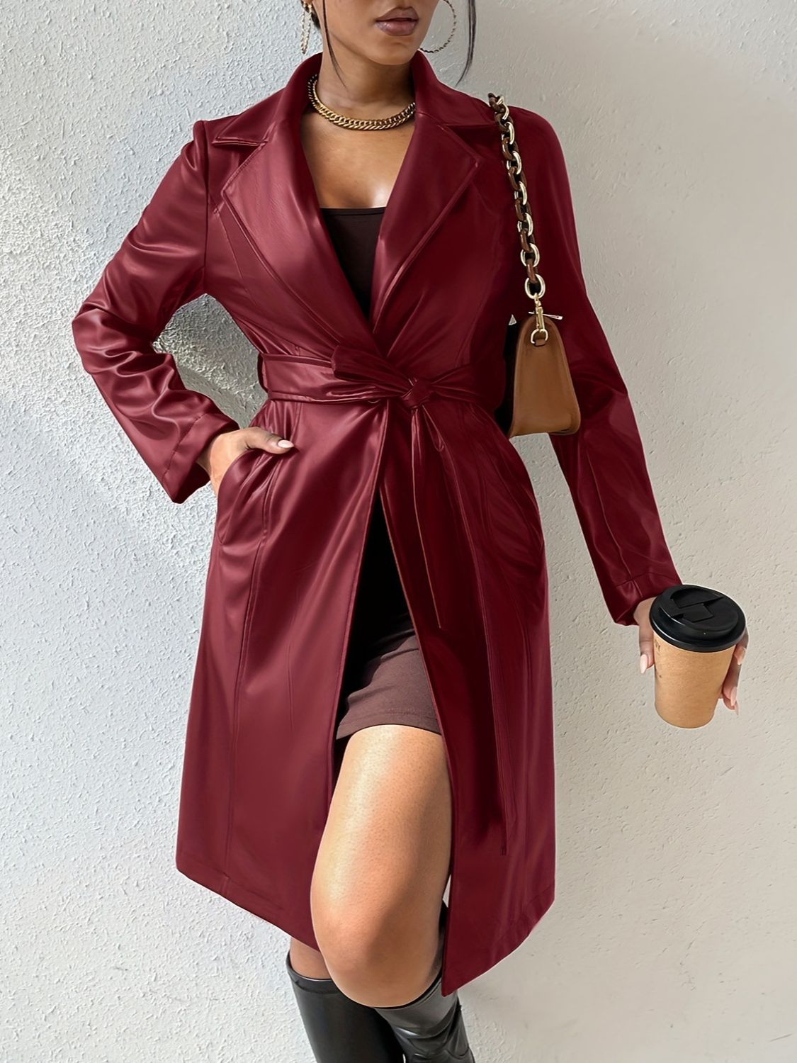 Tied PU Leather Long Sleeve Trench Coat