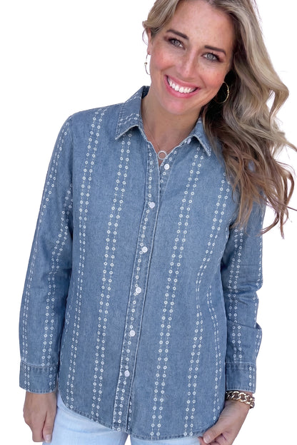 Floral Print Button-Down Denim Shirt