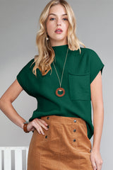 Patch Pocket Ribbed Knit Short Sleeve Sweater