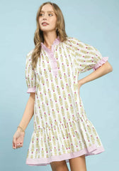 Umgee Striped Trim Floral Tiered Mini Dress