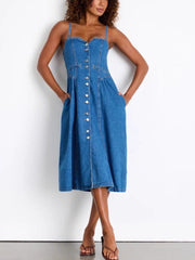 Button-Front Midi Denim Dress