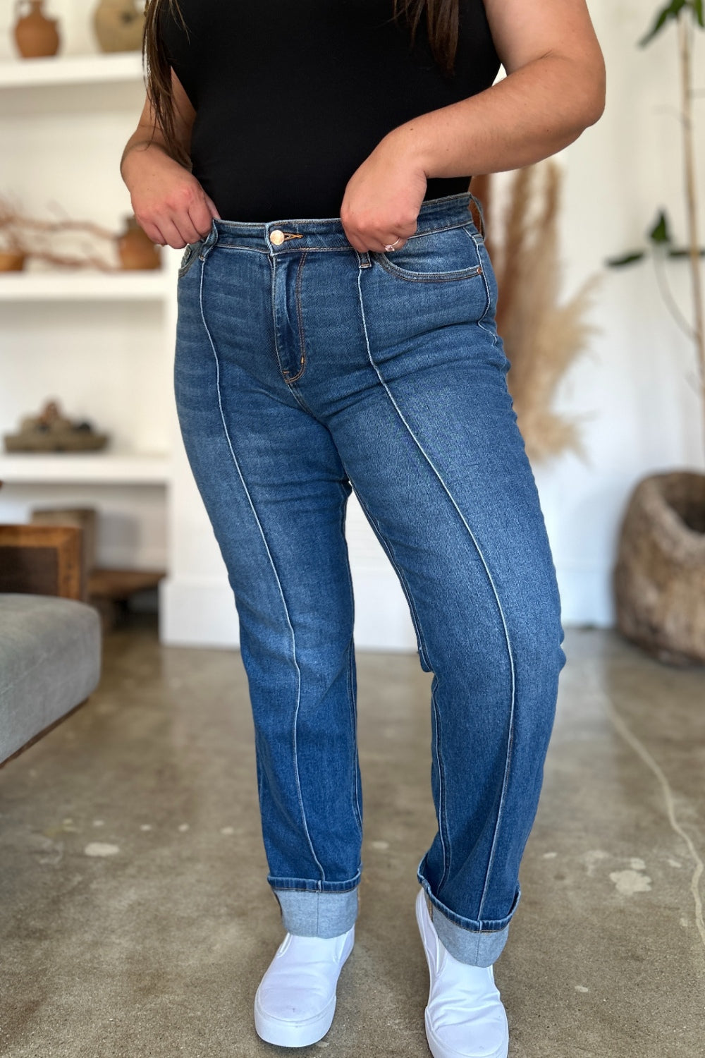 High Waist Front Seam Detail Straight Jeans