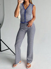 Striped Knit V-Neck Sleeveless Top and Flare Pants Set