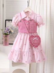 Children's Bow Print Puff Sleeve Dress, Vest and Bag Set